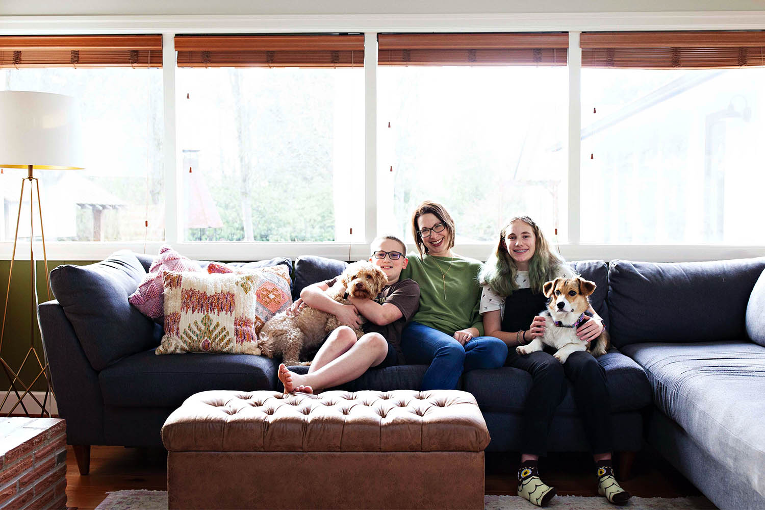 Kimberlee with children Henry and Madelyn in their family room in Southwest Portland